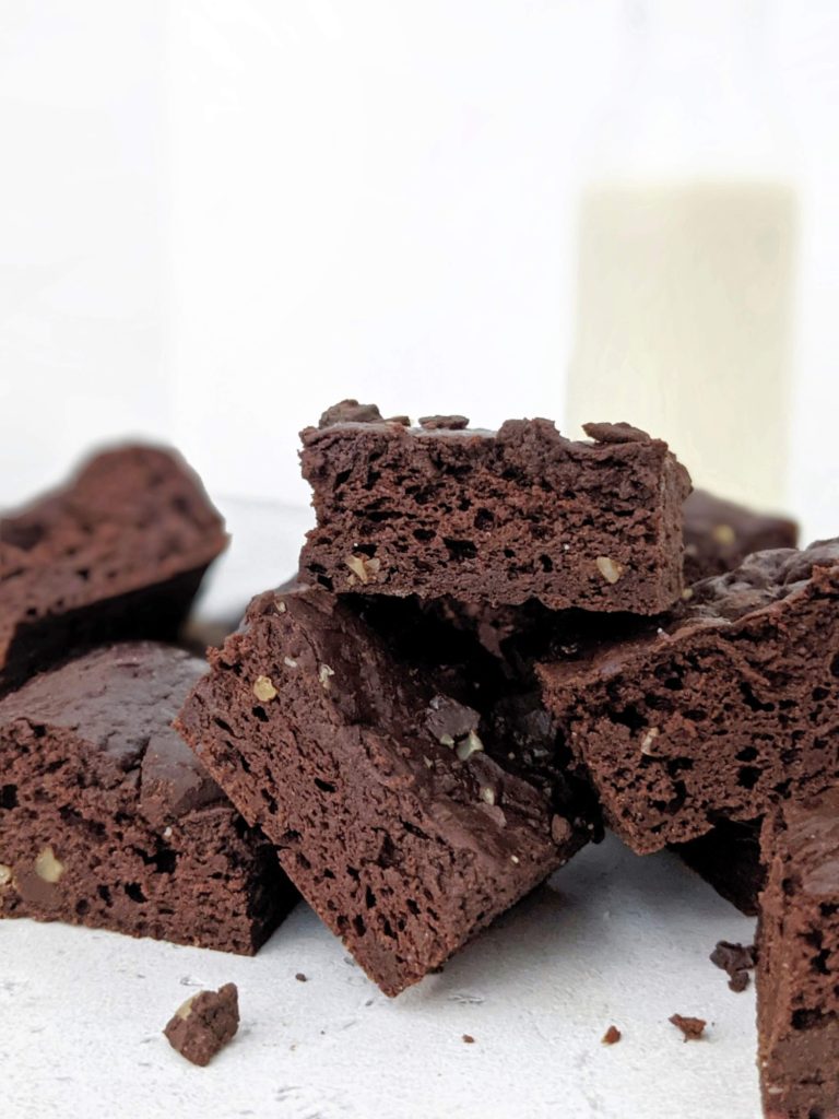 Low fat and sugar free, these Low Calorie Protein Brownies are the best you will every have! With protein powder and Greek yogurt, these protein chocolate brownies have no oil, no butter, no sugar and no eggs either! Gluten free and Vegan options too!