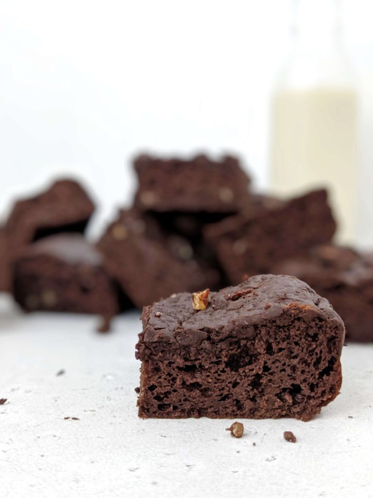 Low fat and sugar free, these Low Calorie Protein Brownies are the best you will every have! With protein powder and Greek yogurt, these protein chocolate brownies have no oil, no butter, no sugar and no eggs either! Gluten free and Vegan options too!