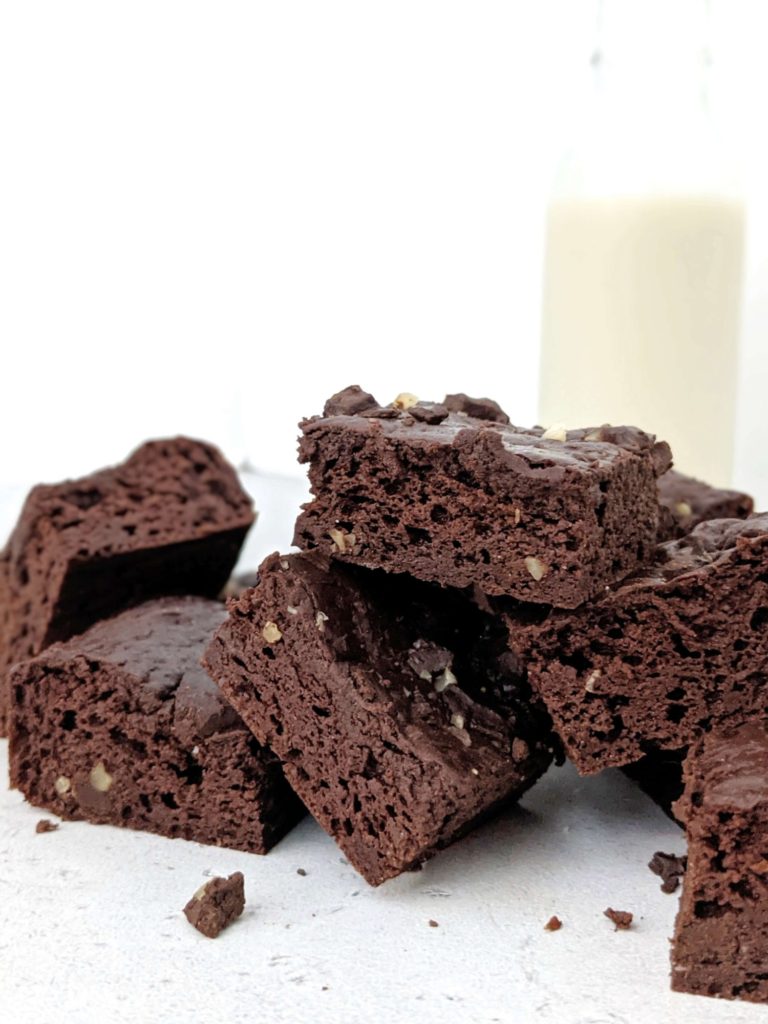Low fat and sugar free, these Low Calorie Protein Brownies are the best you will every have! With protein powder and Greek yogurt, these protein chocolate brownies have no oil, no butter, no sugar and no eggs either! Gluten free and Vegan options too!