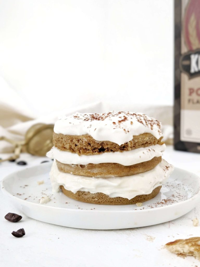 he most realistic Tiramisu Protein Pancakes soaked in coffee and layered with a protein cream cheese topping. These high protein tiramisu pancakes use pancake mix and are perfect for recipe for tiramisu without ladyfingers!