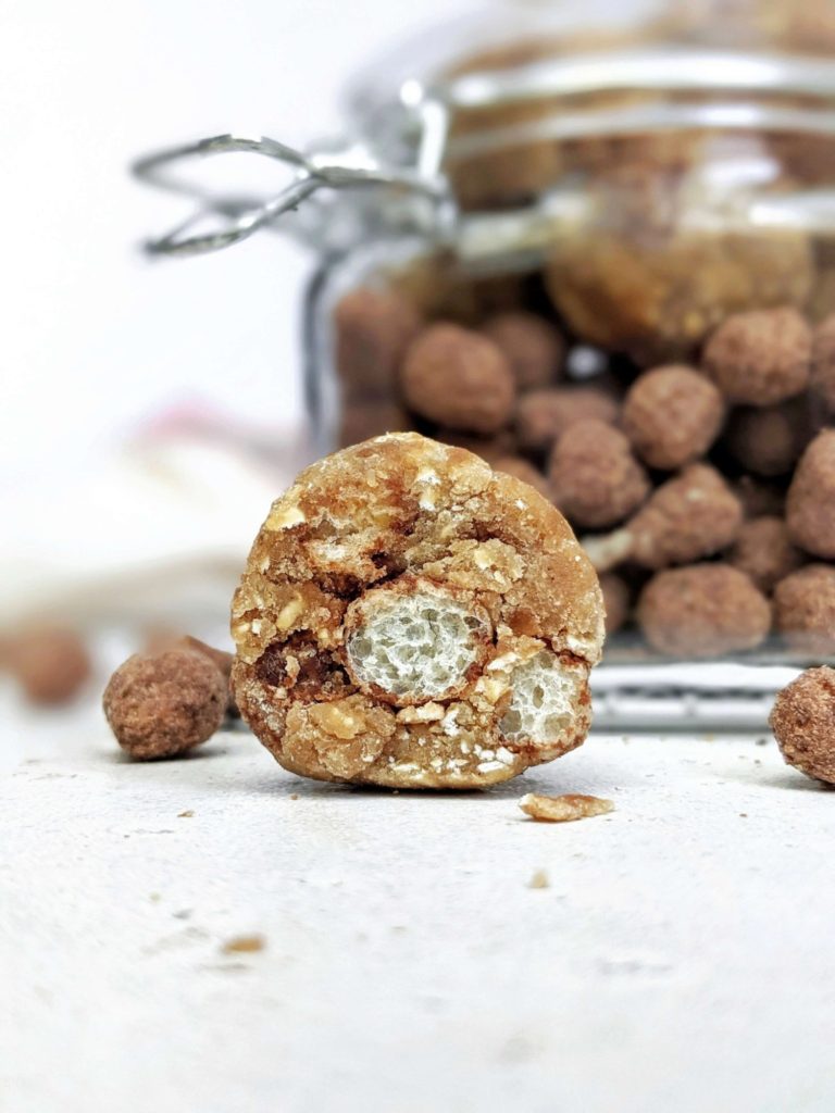 These no bake Cocoa Puff Protein Balls with cereal and protein powder are an easy snack, breakfast or post workout treat! Low sugar and healthy chocolate cereal puff energy bites on the go!