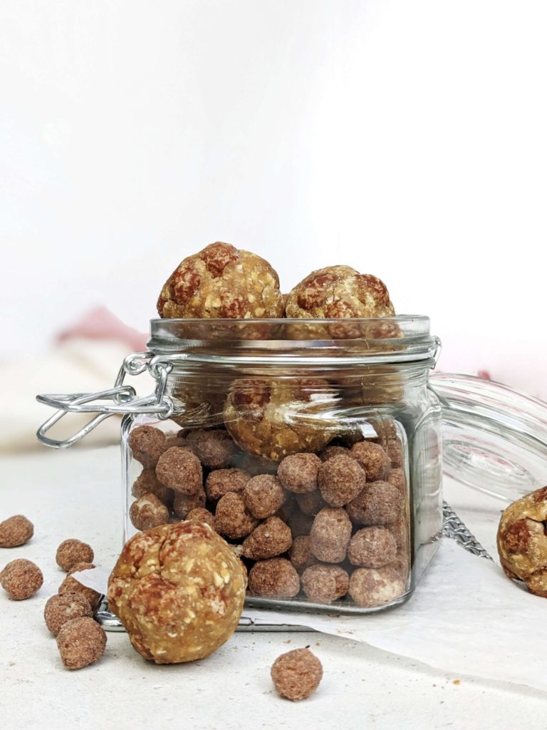 These no bake Cocoa Puff Protein Balls with cereal and protein powder are an easy snack, breakfast or post workout treat! Low sugar and healthy chocolate cereal puff energy bites on the go!