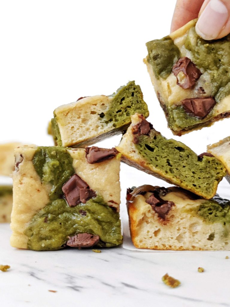 Really healthy Matcha Protein Blondies with the earthy green tea flavor and perfect sweetness for a dessert. These protein powder matcha blondies are without chocolate and have no sugar or butter either!