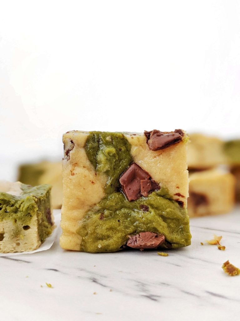 Really healthy Matcha Protein Blondies with the earthy green tea flavor and perfect sweetness for a dessert. These protein powder matcha blondies are without chocolate and have no sugar or butter either!