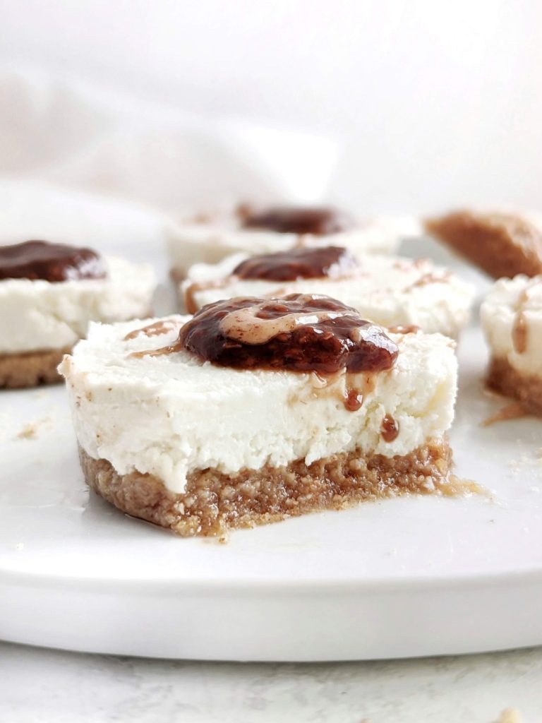 This No Bake Mini Protein Cheesecake with Greek yogurt and reduced fat cream cheese for an easy and healthy cheesecake recipe. No bake protein powder cheesecake bites are great for a portion control dessert or entertaining guests too.