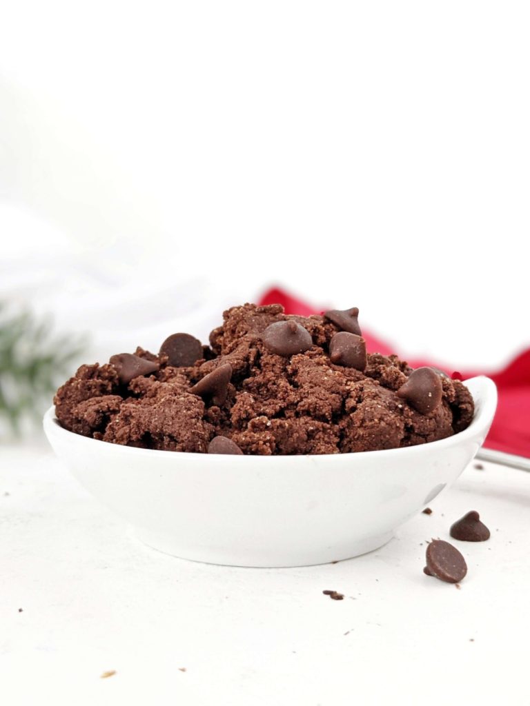 A rich and indulgent Triple Chocolate Protein Cookie Dough for one with cocoa, chocolate spread, protein powder and choco chips too! Single serve edible chocolate cookie dough is the perfect healthy and high protein dessert for the ultimate chocolate lover.