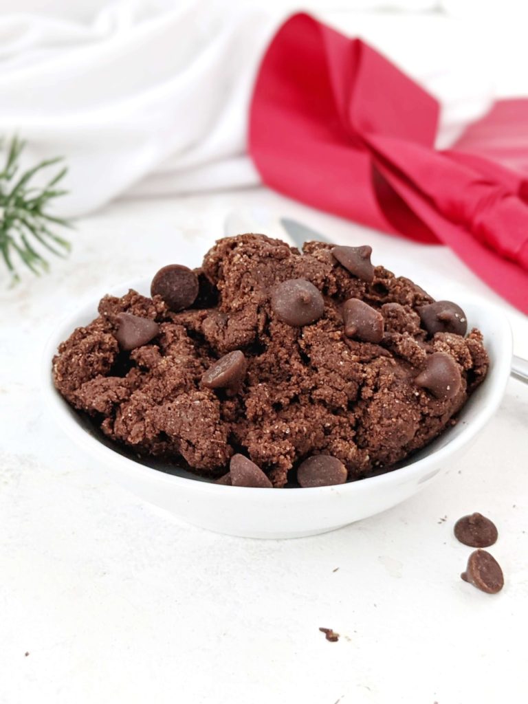 A rich and indulgent Triple Chocolate Protein Cookie Dough for one with cocoa, chocolate spread, protein powder and choco chips too! Single serve edible chocolate cookie dough is the perfect healthy and high protein dessert for the ultimate chocolate lover.