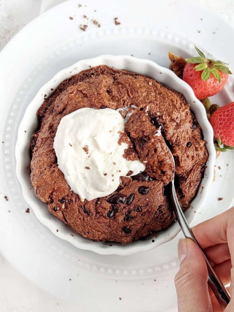 The quickest Air Fryer Protein Brownie recipe with a fudgy center in under 10 minutes! This single serve air fryer protein fudge brownie is sugar free (uses chocolate protein powder), gluten free and low calorie too - an amazing healthy dessert!