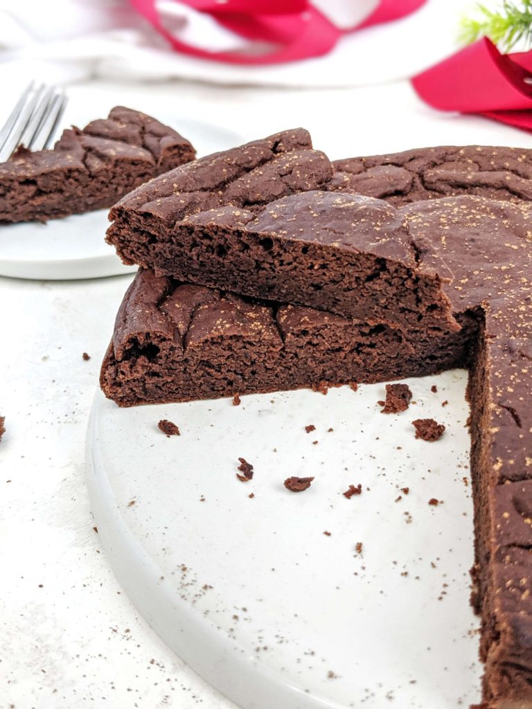 A rich and indulgent Black Bean Chocolate Protein Cake with the perfect flavor and texture, but flourless, sugar free and oil free. This healthy black bean chocolate cake uses canned beans, is sweetened with protein powder and monk fruit, and tastes like a decadent brownie. Vegan option too!