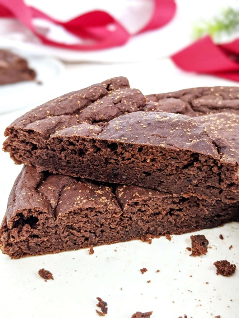 A rich and indulgent Black Bean Chocolate Protein Cake with the perfect flavor and texture, but flourless, sugar free and oil free. This healthy black bean chocolate cake uses canned beans, is sweetened with protein powder and monk fruit, and tastes like a decadent brownie. Vegan option too!