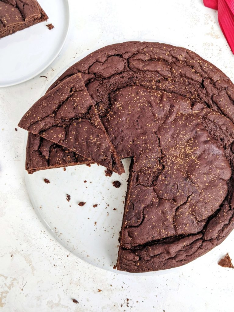 A rich and indulgent Black Bean Chocolate Protein Cake with the perfect flavor and texture, but flourless, sugar free and oil free. This healthy black bean chocolate cake uses canned beans, is sweetened with protein powder and monk fruit, and tastes like a decadent brownie. Vegan option too!