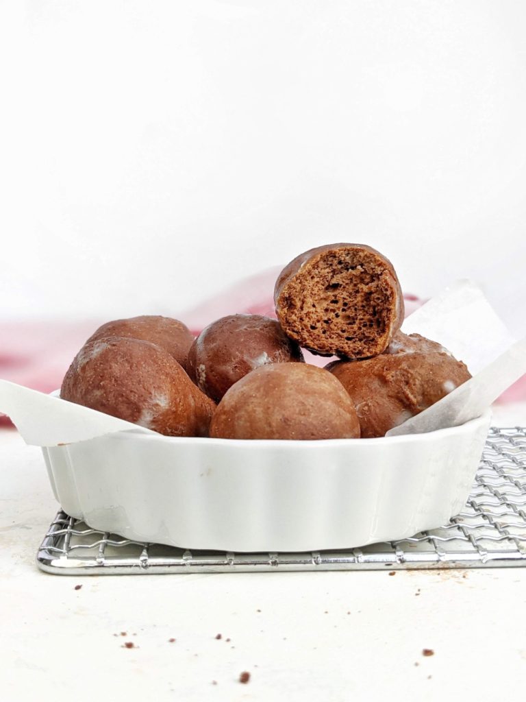 Unbelievable Chocolate Protein Donut Holes with just 5 ingredients and the best macros/nutrition label. These healthy chocolate donut holes are made with protein powder and made in the air fryer (or baked). Great treat for sure!