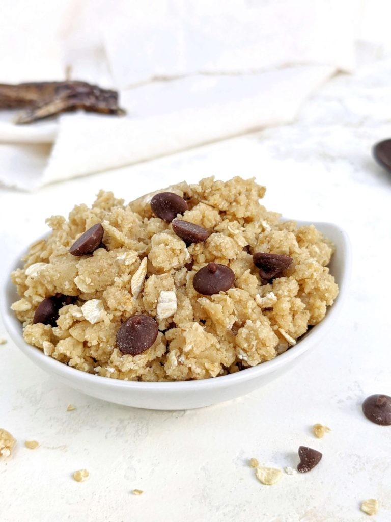 A healthy Edible Protein Oatmeal Cookie Dough made with oat flour and sweetened with protein powder for a gluten free and sugar free dessert. Raw oatmeal protein cookie dough is a single serve recipe and tastes like your favorite oatmeal chocolate chip cookie!