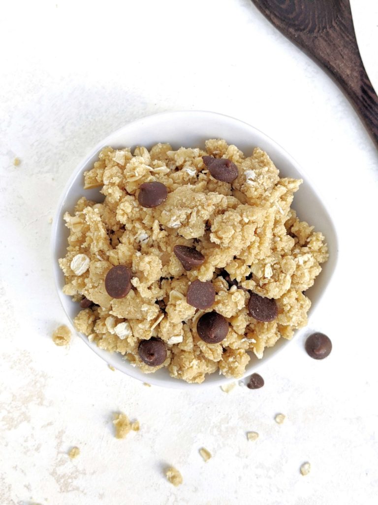 A healthy Edible Protein Oatmeal Cookie Dough made with oat flour and sweetened with protein powder for a gluten free and sugar free dessert. Raw oatmeal protein cookie dough is a single serve recipe and tastes like your favorite oatmeal chocolate chip cookie!