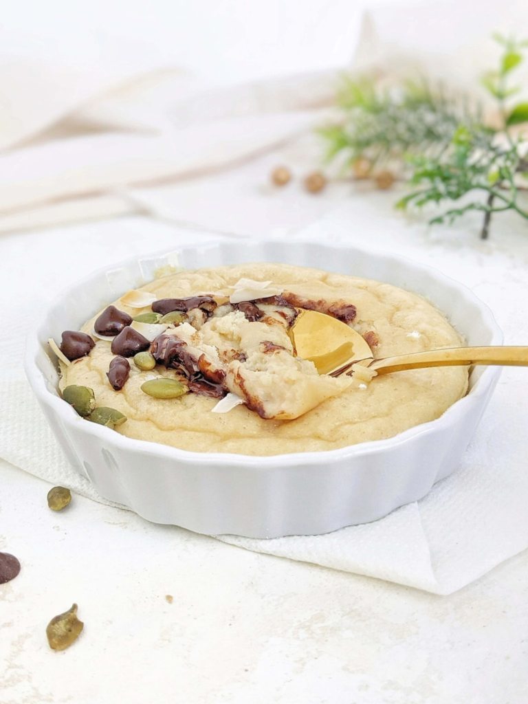 Half Baked Protein Cookie Pot for one; A single serve protein powder dessert that’s healthy and sugar free. Make this hot half baked cookie dough recipe for a quick solo indulgence or to share for two.