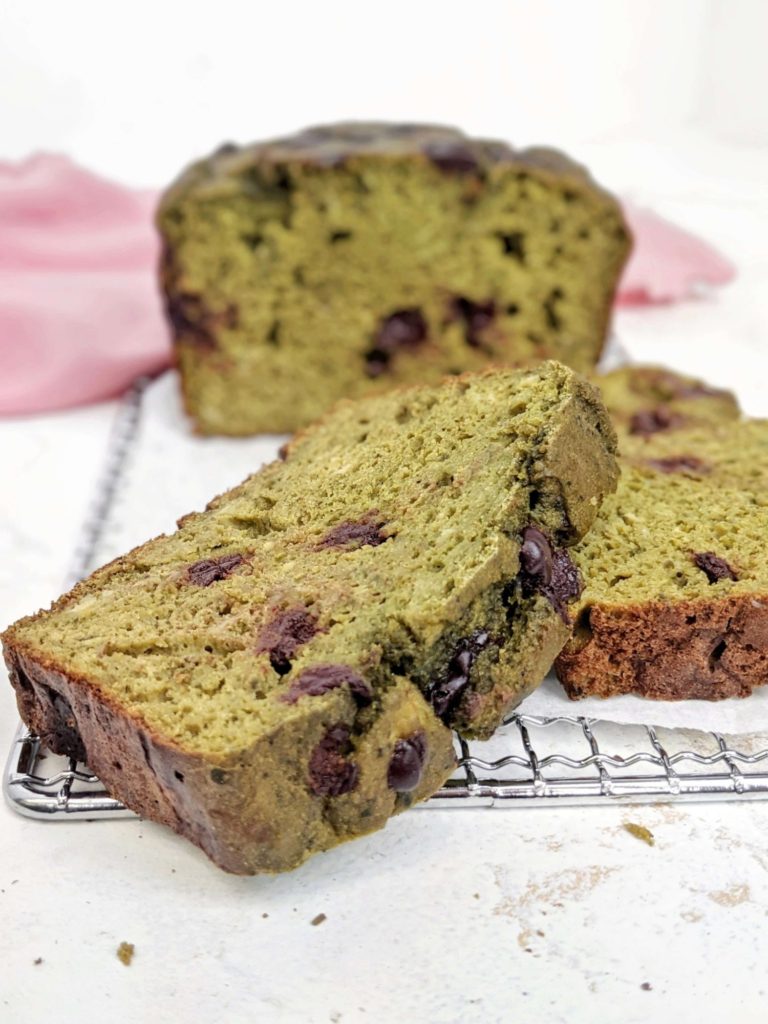 Rich and healthy Matcha Protein Banana Bread perfect for a breakfast, snack, dessert or post-workout treat. Green tea matcha chocolate chip banana bread is made with whole wheat pastry flour, protein powder and Greek Yogurt, and has no sugar, oil or butter either!