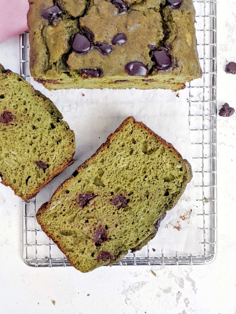 Rich and healthy Matcha Protein Banana Bread perfect for a breakfast, snack, dessert or post-workout treat. Green tea matcha chocolate chip banana bread is made with whole wheat pastry flour, protein powder and Greek Yogurt, and has no sugar, oil or butter either!