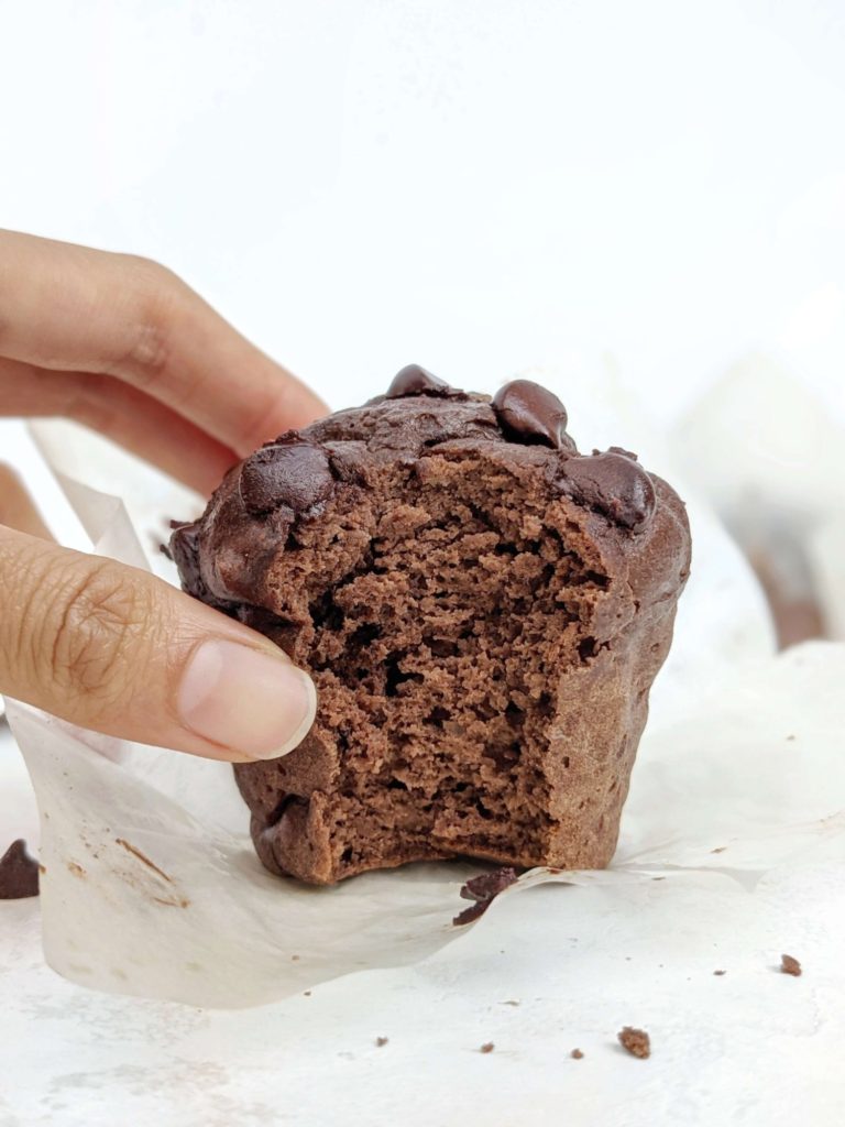 A ginormous bakery style Single Serve Chocolate Protein Muffin but low calorie, healthy and sugar free! Chocolate protein muffin for one uses unflavored and chocolate protein powder to replace some flour and all sugar giving you the best bang for your buck!