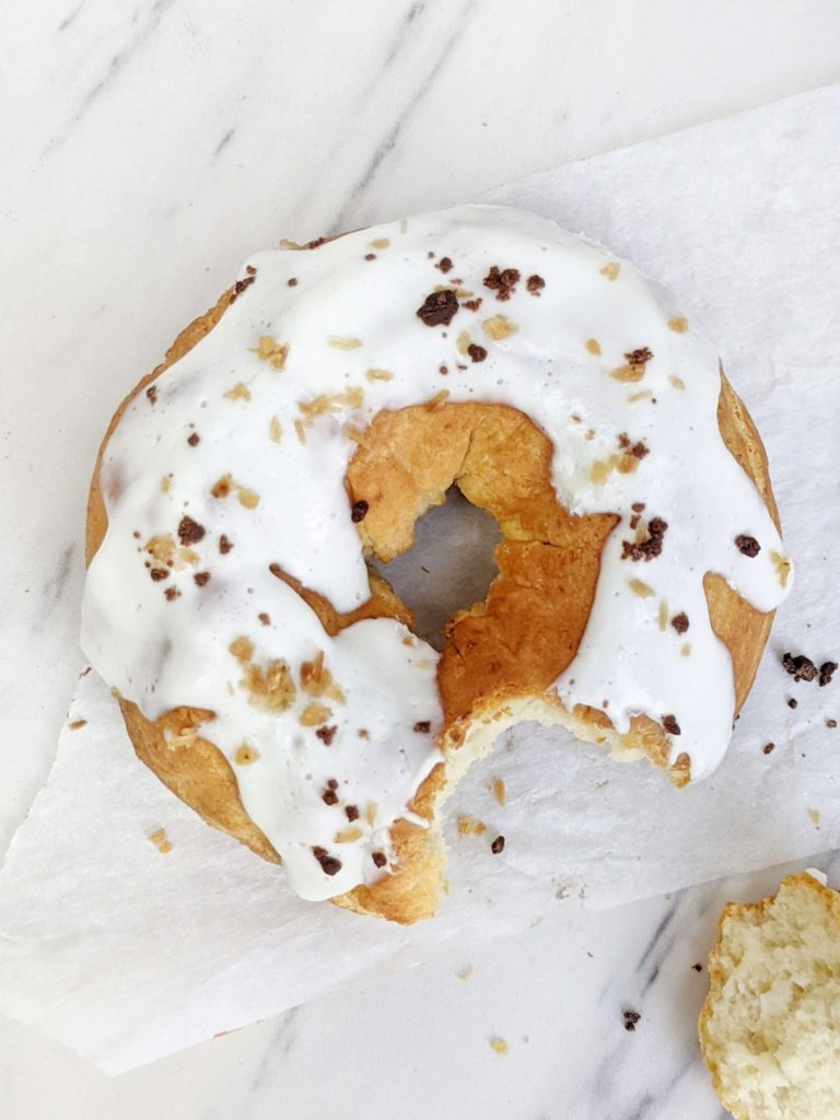 A big and beautiful Single Serve Protein Donut for one made in the air fryer or baked in the oven. Sweetened with protein powder, this healthy single serving donut is a great sugar free dessert, breakfast or post workout treat. Gluten free too!