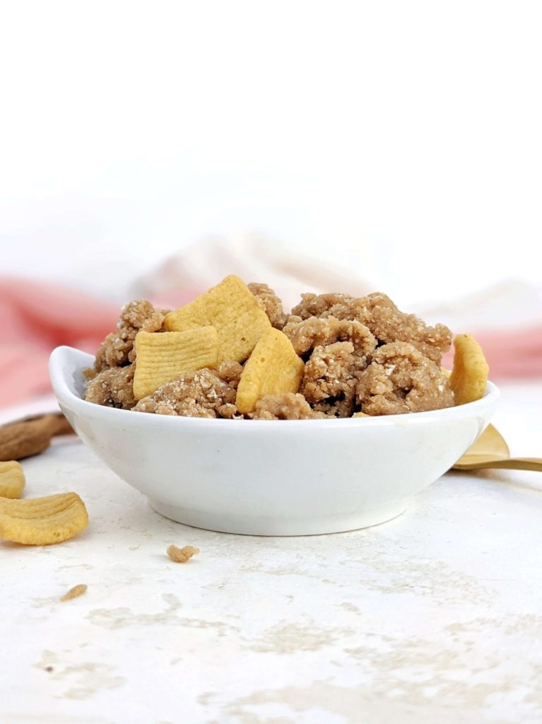 A quick and easy no bake Snickerdoodle Protein Cookie Dough with protein powder and collagen powder. This single serve edible cinnamon protein cookie dough is sugar free, gluten free and Vegan too!