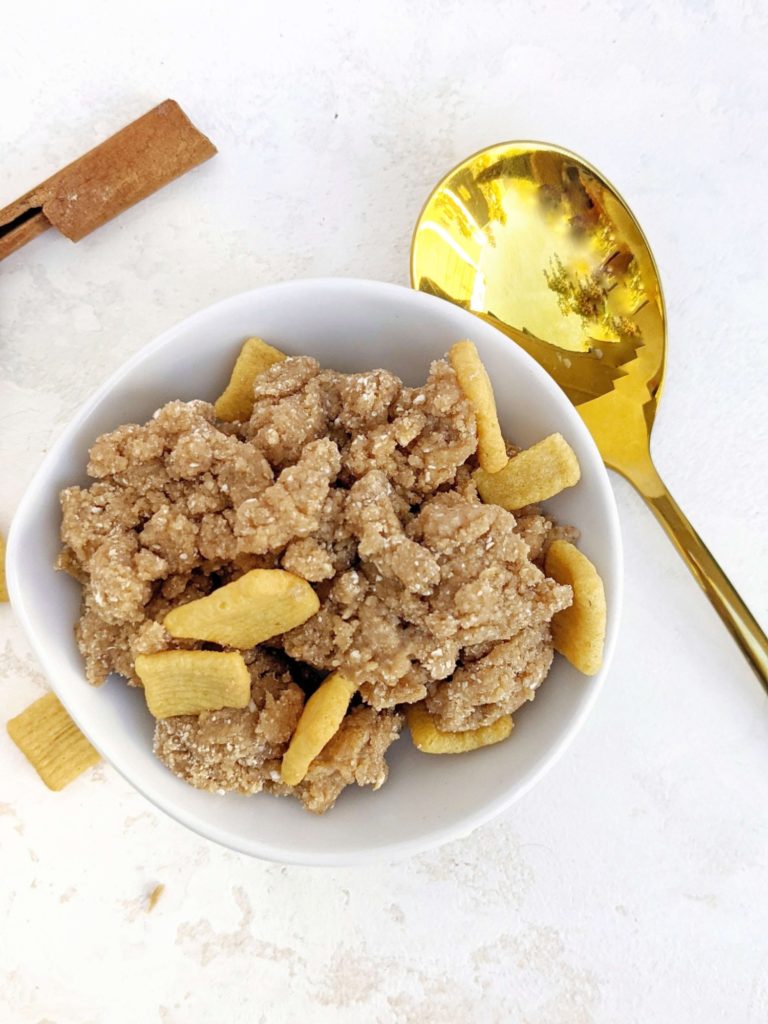 A quick and easy no bake Snickerdoodle Protein Cookie Dough with protein powder and collagen powder. This single serve edible cinnamon protein cookie dough is sugar free, gluten free and Vegan too!