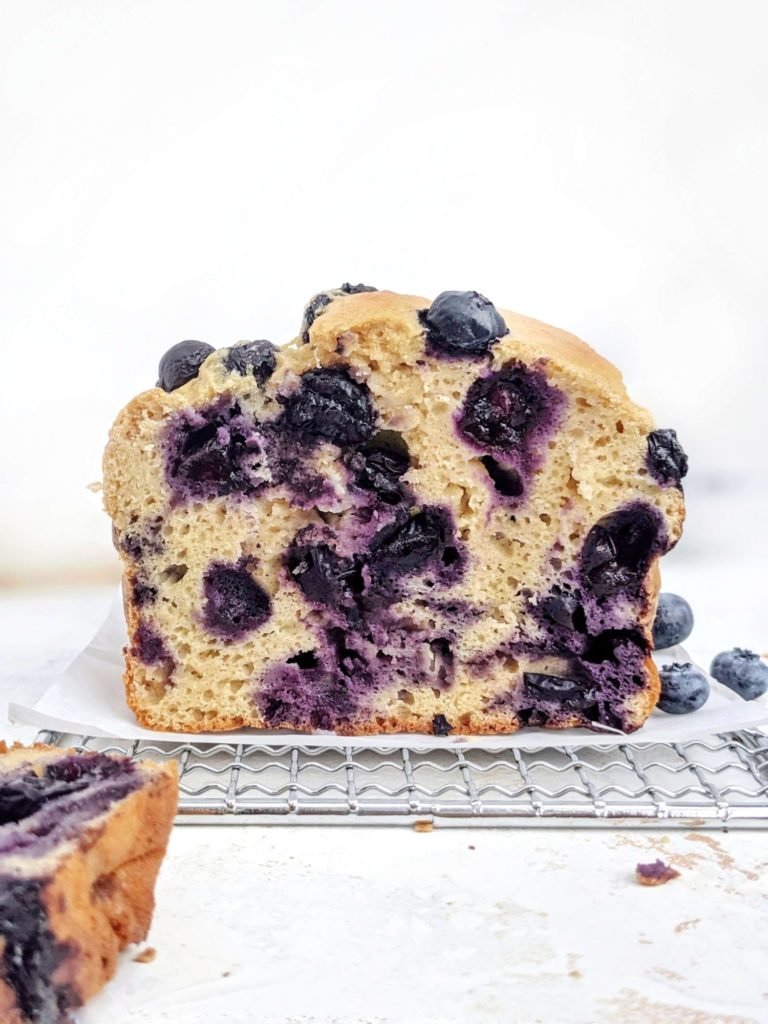 An unbelievable Blueberry Protein Pancake Bread made with protein pancake mix, protein powder and just 4 more ingredients! This protein pancake loaf is a healthy quick bread perfect for breakfast, snack or post workout.