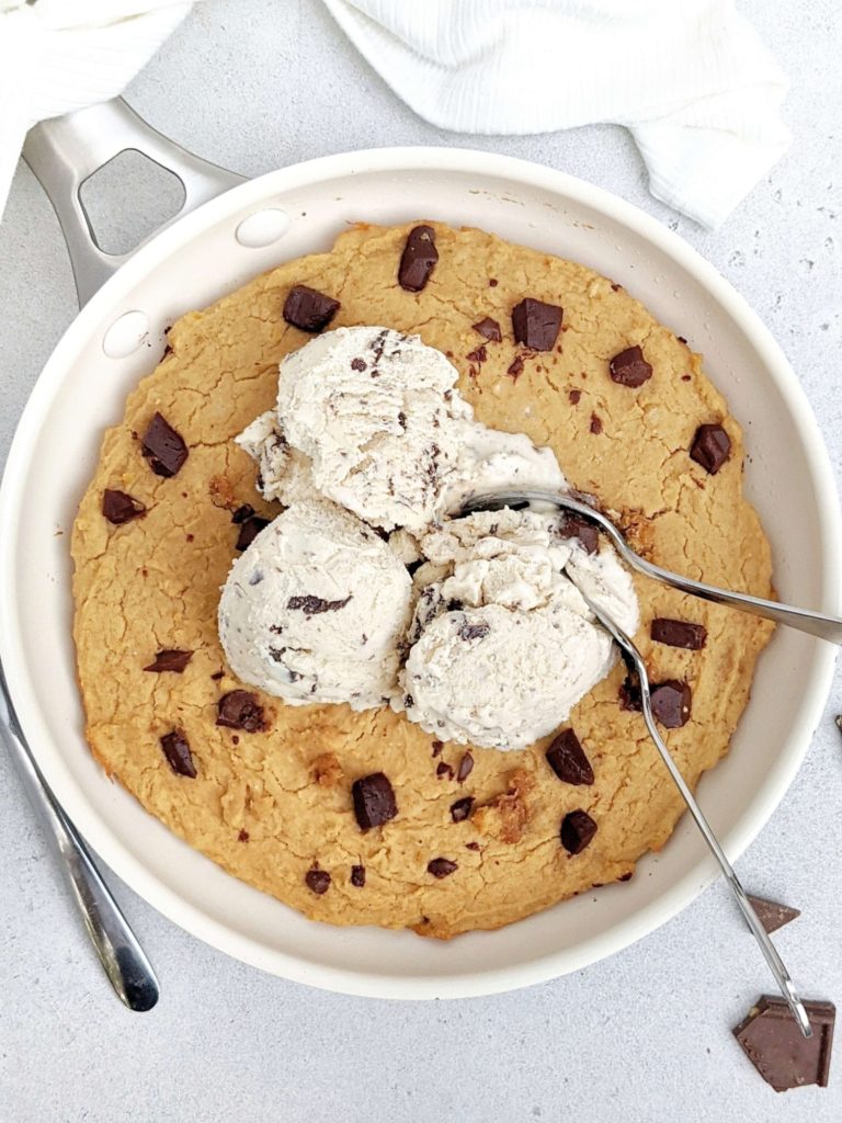 An amazing Chickpea Protein Skillet Cookie for a gluten free and Vegan treat. This healthy skillet cookie is a great chickpea protein powder dessert recipe to satisfy those cravings.