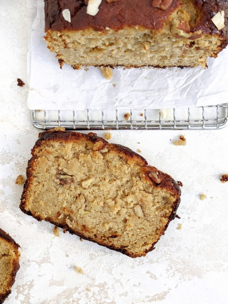 An amazing Collagen Banana Bread made with collagen peptides and no protein powder! This collagen powder banana bread is sweetened with monk fruit and sugar free maple syrup for a healthy recipe with high protein and low sugar.