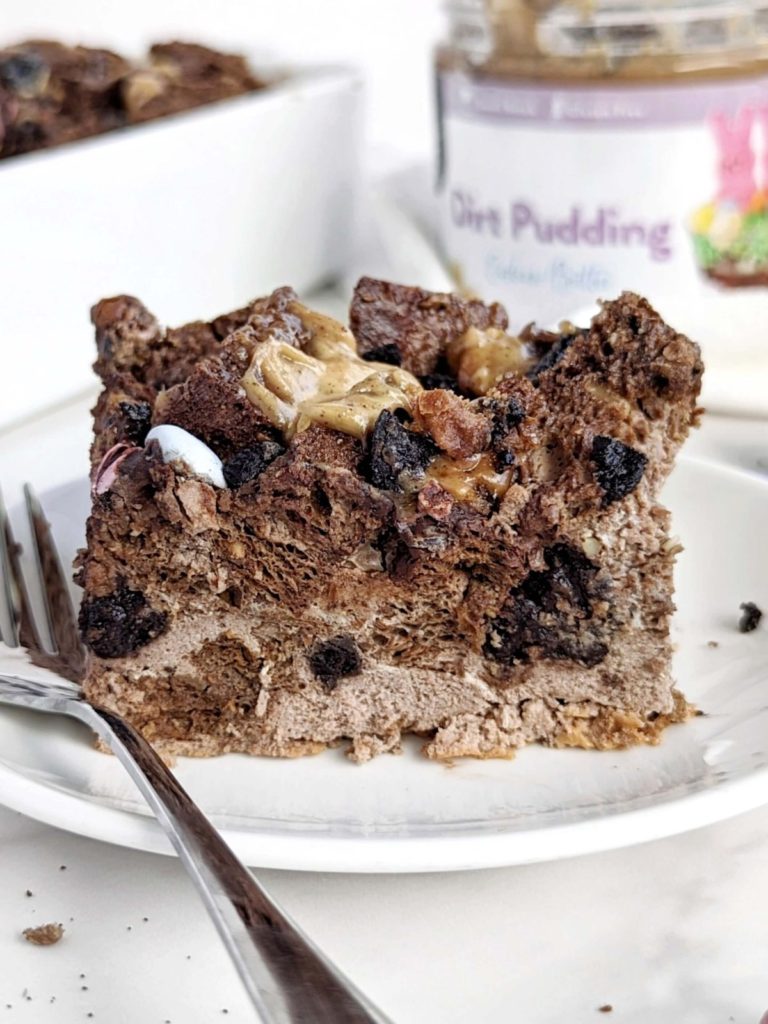 A simple, skinny Oreo Protein Bread Pudding with protein powder, egg whites, yogurt and actual Oreo cookies! This healthy cookies and cream bread pudding is a great protein packed breakfast, dessert and even post workout treat!