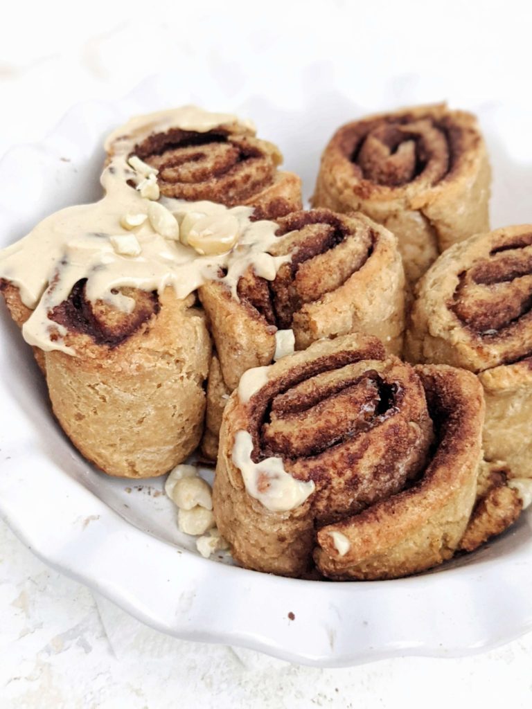 Super easy Peanut Butter Protein Cinnamon Rolls with a peanut butter frosting for a beautiful and sweet breakfast! These peanut butter cinnamon rolls use peanut butter powder, protein powder and Greek yogurt, and make healthy, low calorie breakfast rolls!