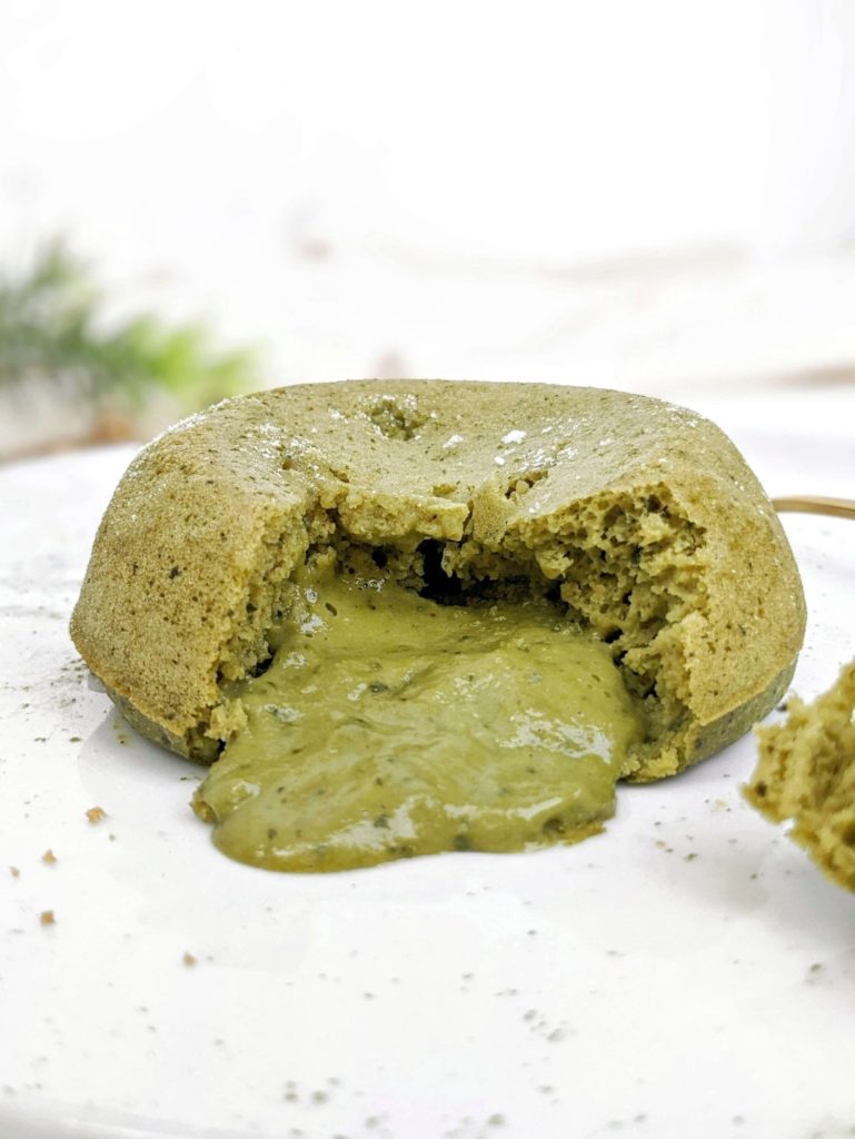 A truly simple Protein Matcha Lava Cake with protein powder and Greek Yogurt, but no white chocolate - low calorie, sugar and fat free! This molten lava matcha protein mug cake is moist, has the green tea flavor, but is healthy and easily Vegan too.