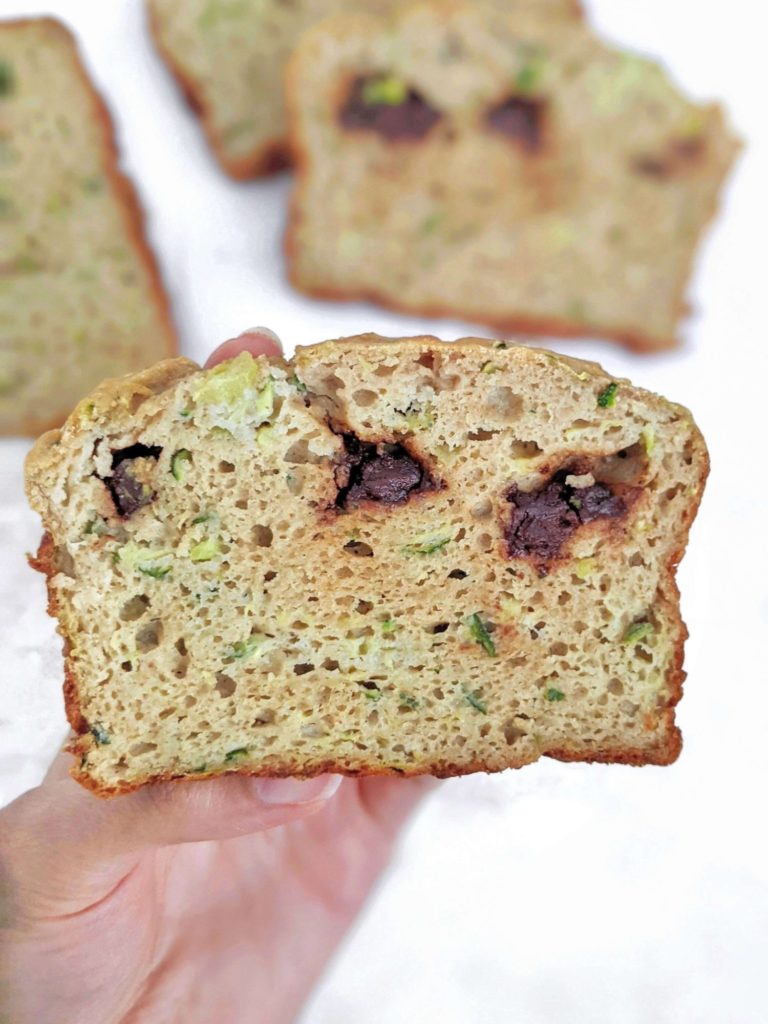 Actually the best healthy Protein Zucchini Bread with unflavored and vanilla protein powder, no sugar, only a tablespoon of oil, and still so moist! This protein packed zucchini bread is low calorie, low sugar, low fat and just all round amazing for breakfast, dessert or a post workout!