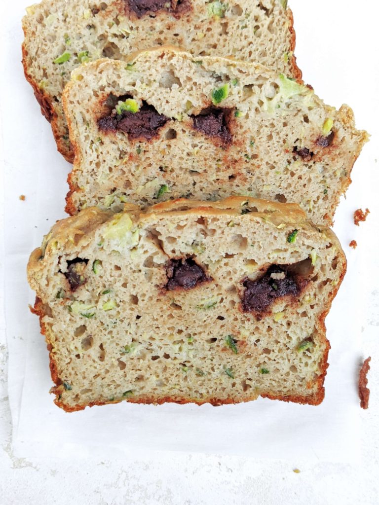 Actually the best healthy Protein Zucchini Bread with unflavored and vanilla protein powder, no sugar, only a tablespoon of oil, and still so moist! This protein packed zucchini bread is low calorie, low sugar, low fat and just all round amazing for breakfast, dessert or a post workout!
