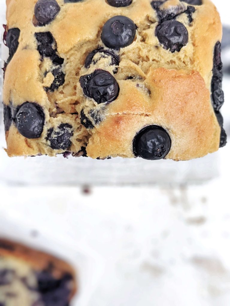 An unbelievable Blueberry Protein Pancake Bread made with protein pancake mix, protein powder and just 4 more ingredients! This protein pancake loaf is a healthy quick bread perfect for breakfast, snack or post workout.