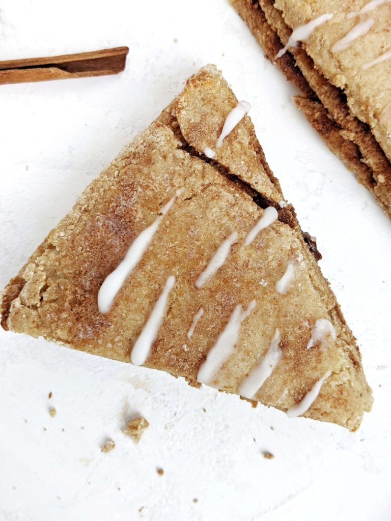 Just amazing Cinnamon Protein Scones made with protein powder, Greek yogurt and filled with layers of sugar-free cinnamon sugar. Protein packed healthy cinnamon scones have no cinnamon chips either, and really are a clean breakfast delight.