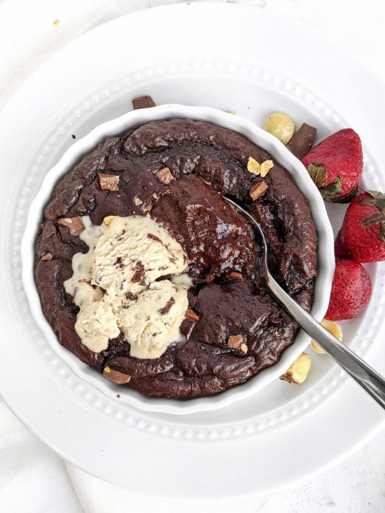 A super rich Half Baked Protein Fudge Brownie with perfect fudgy sides and gooey center! This single serving chocolate fudge protein brownie in a mug uses a ton of protein powder, has no sugar or oil, and is flourless too!