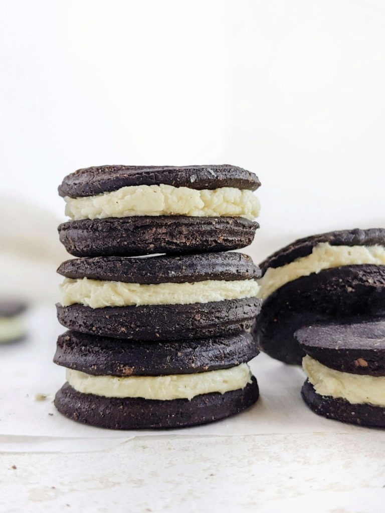 Breakthrough Protein Oreos made with protein powder and a few simple and healthy ingredients! These homemade protein Oreo cookies are low calorie, low fat, gluten free and sugar free too.