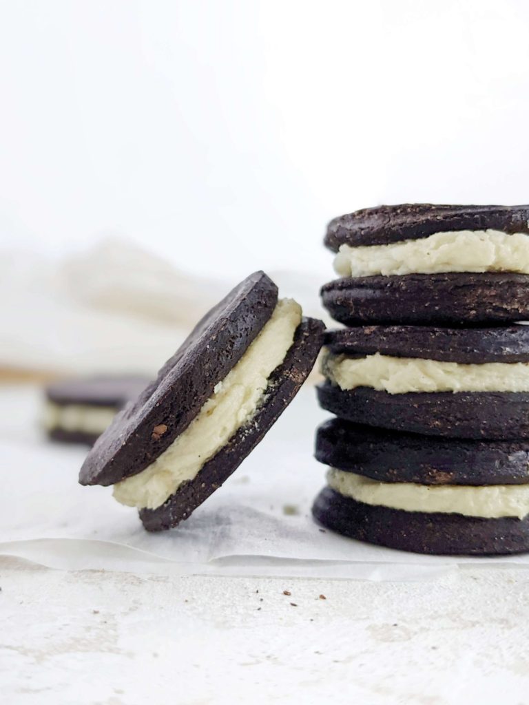 Breakthrough Protein Oreos made with protein powder and a few simple and healthy ingredients! These homemade protein Oreo cookies are low calorie, low fat, gluten free and sugar free too.
