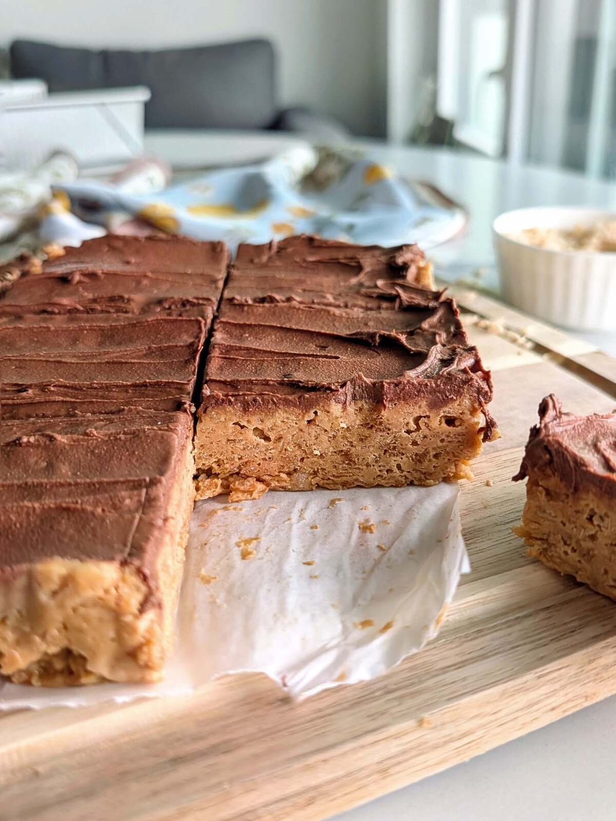 Protein rice krispies no marshmallows - 14g of protein, 154 calories, with a peanut butter flavor and chocolate ganache on top. No sticky marshmallow mess, no sugar crash, and honestly way more satisfying than the original.