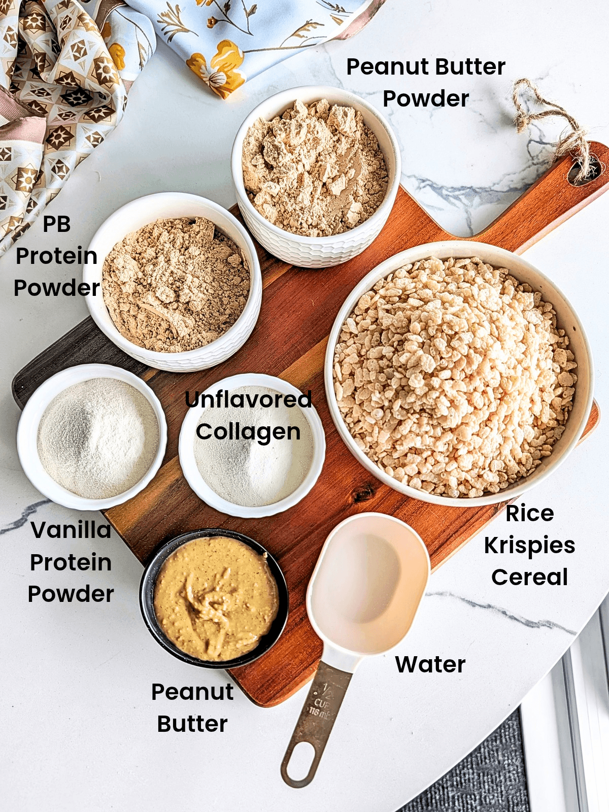 Ingredients for peanut butter protein rice krispies