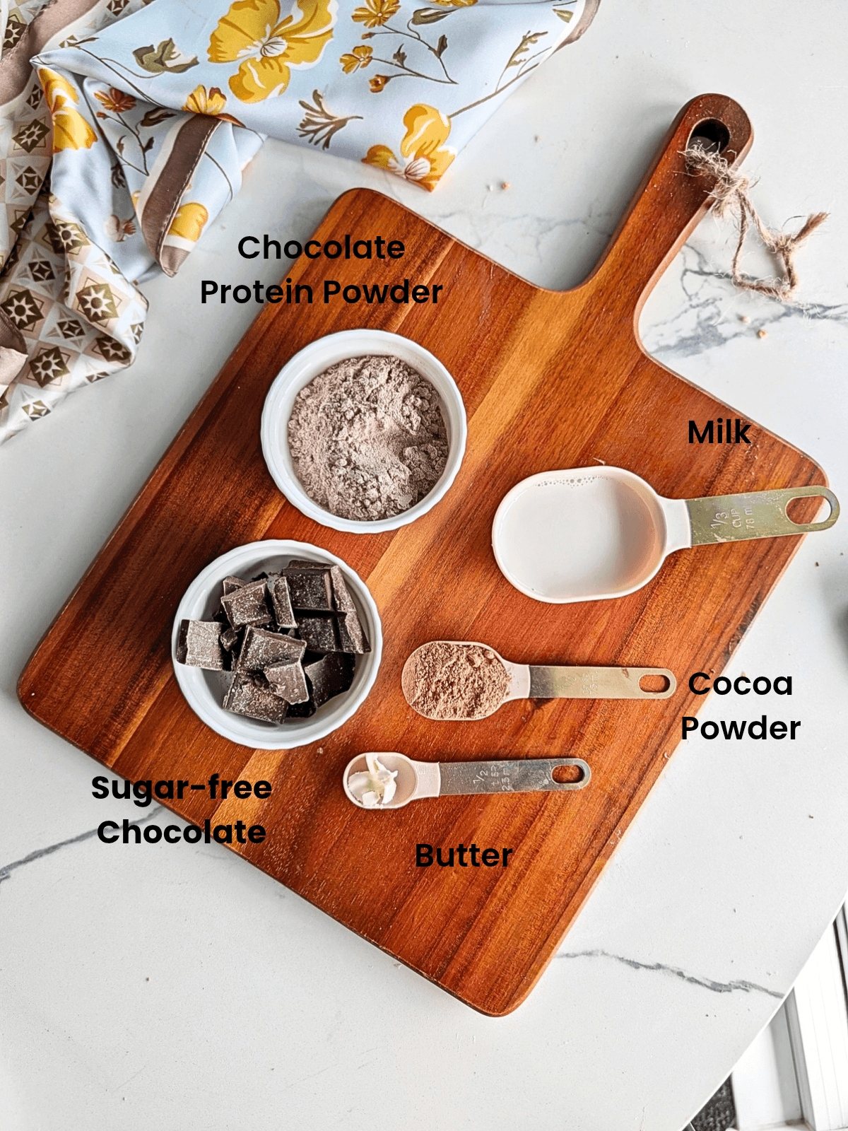 Ingredients for chocolate ganache on pb protein rice krispies