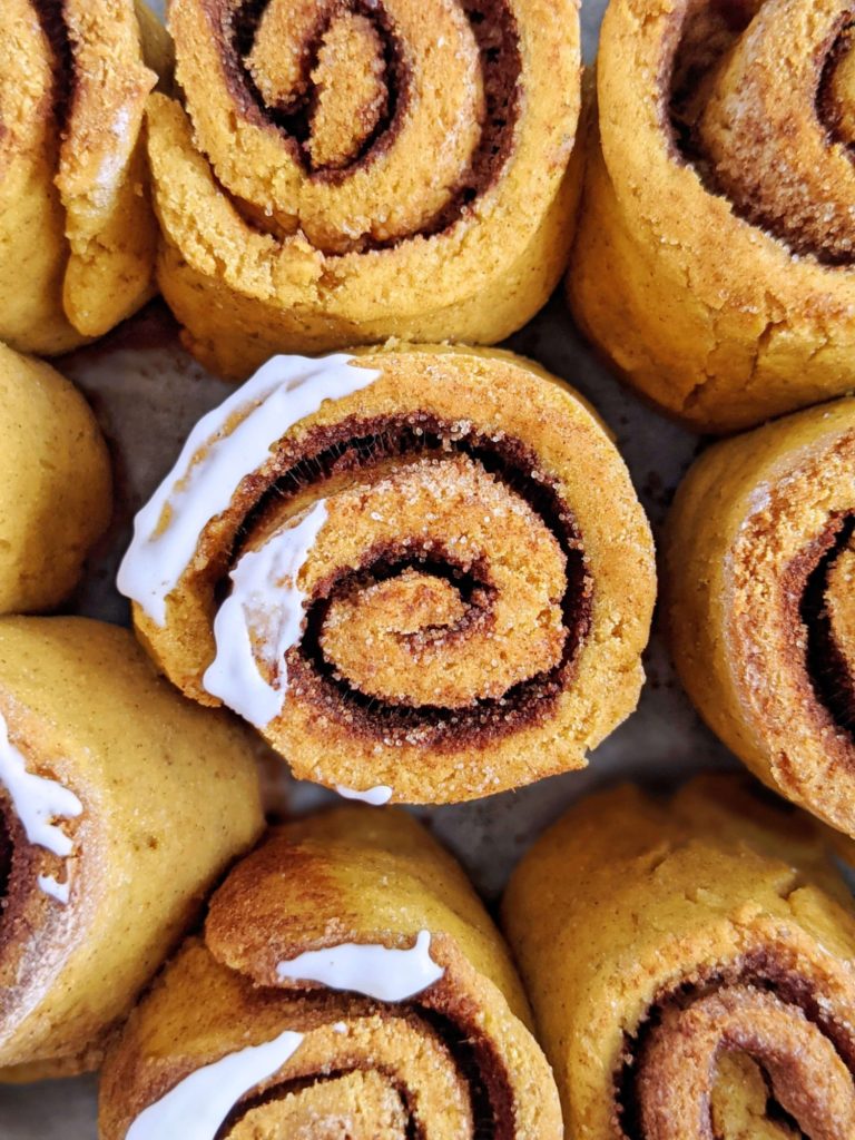 Beautiful Pumpkin Protein Cinnamon Rolls with a Cream Cheese Icing for a great high protein breakfast! These pumpkin protein powder cinnamon rolls are gluten free, sugar free and need no yeast either!