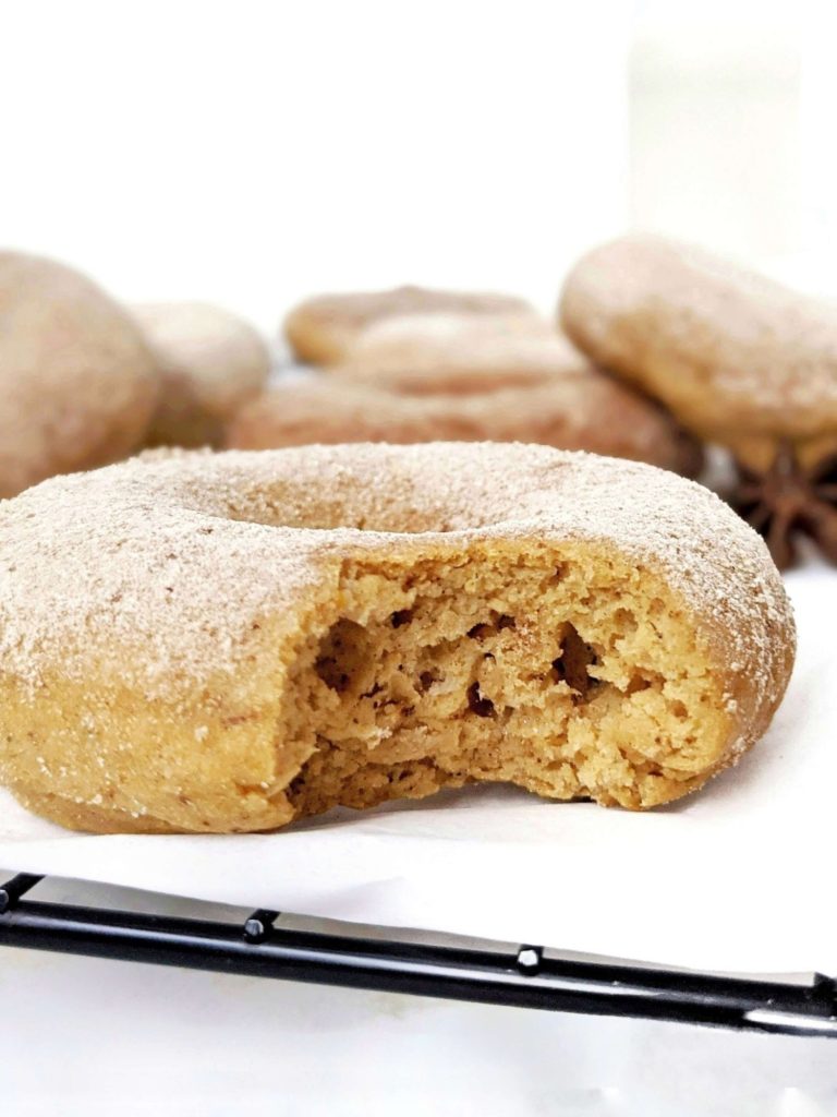 Fluffy and flavorful Chai-spiced Pumpkin Protein Donuts with a protein cinnamon sugar coating are the perfect Fall baked donuts! Healthy pumpkin protein powder donuts are sugar free and gluten free and will be your new favorite.