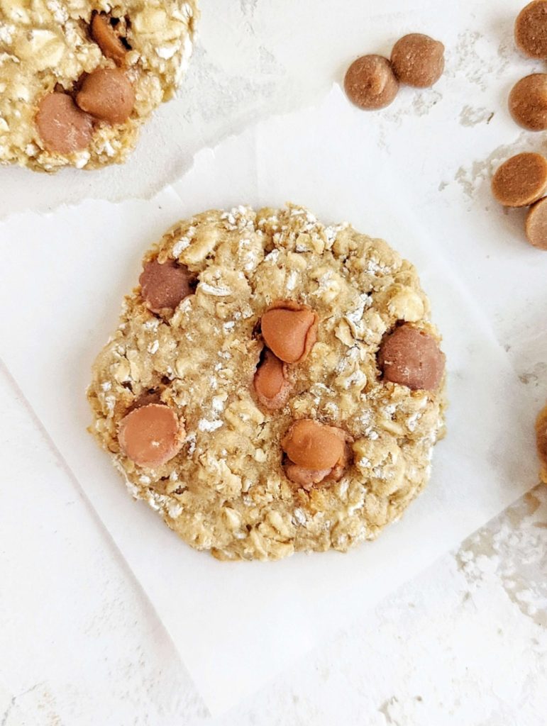 Soft and chewy Butterscotch Oatmeal Protein Cookies with just 6 ingredients! These healthy oatmeal scotchies use protein powder, applesauce and sugar free butterscotch chips, and have no butter or sugar either!