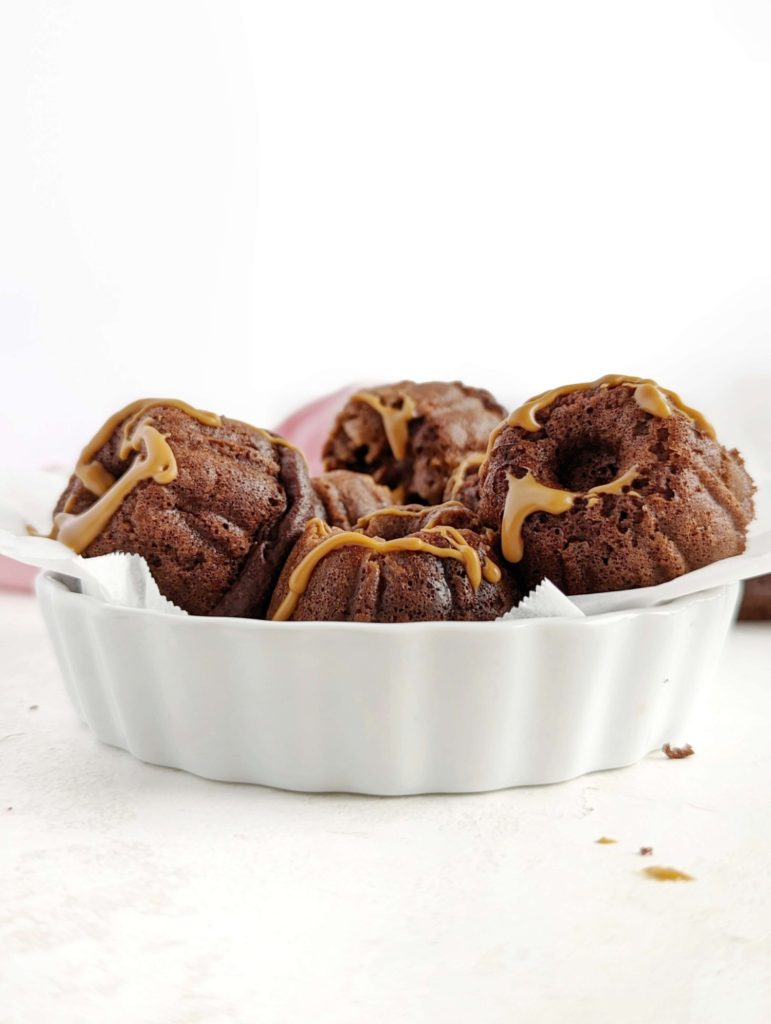 Just unbelievably soft and moist Mini Chocolate Protein Cakes with a load of protein powder, and no oil, sugar, milk or eggs! This healthy protein mini bundt cake recipe is gluten free, sugar free and Vegan too!
