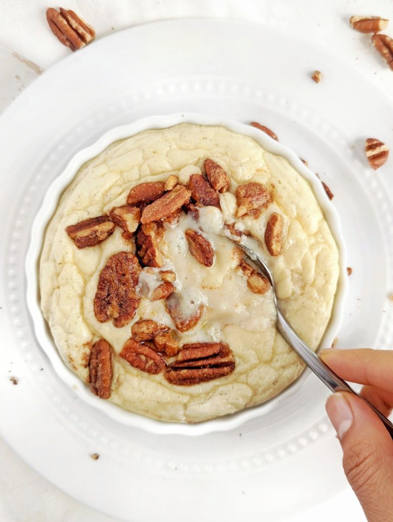 Just an amazing Half Baked Pecan Pie Protein Mug Cake with a fudgy center and crunchy pecan topping. This keto and low carb pecan pie mug cake uses a ton of protein powder, a bit of coconut flour, and is gluten free, sugar free and healthy!