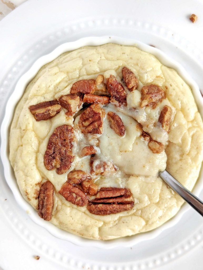 Just an amazing Half Baked Pecan Pie Protein Mug Cake with a fudgy center and crunchy pecan topping. This keto and low carb pecan pie mug cake uses a ton of protein powder, a bit of coconut flour, and is gluten free, sugar free and healthy!