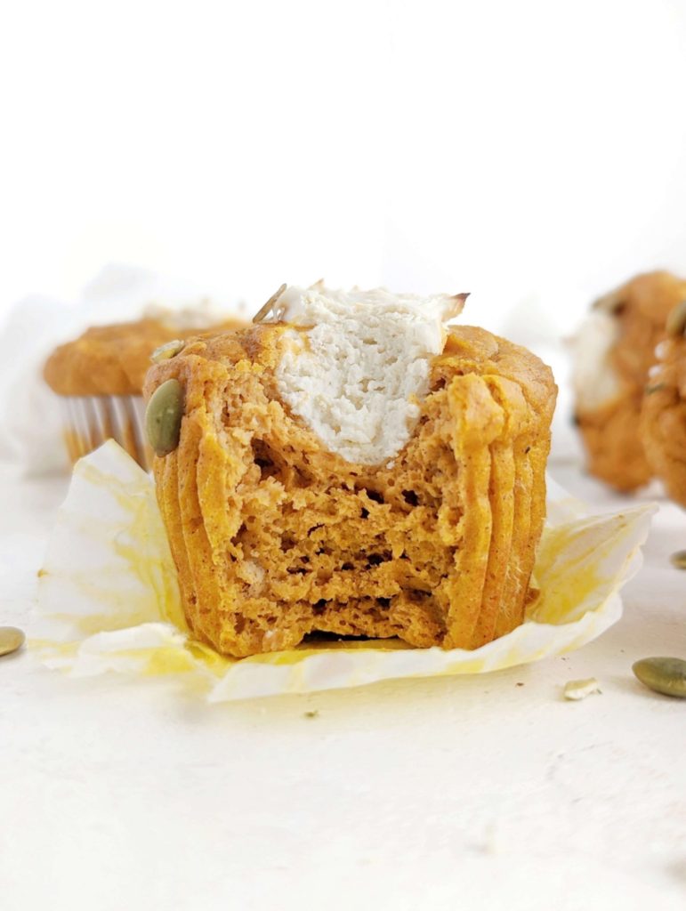 Moist and fluffy Pumpkin Cream Cheese Protein Muffins with that beautiful filing, but actually healthy and sugar free! This healthy pumpkin cream cheese muffin recipe uses protein powder and whole wheat pasty flour, and has no oil or butter; Actually the best Starbucks copycat recipe.