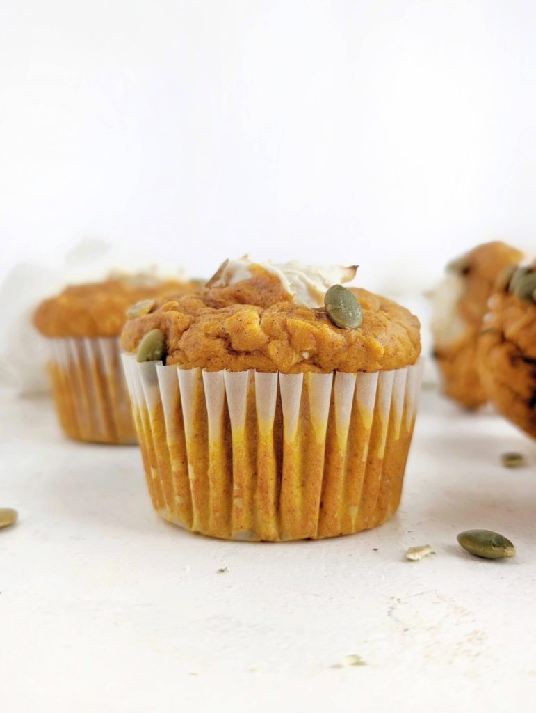 Moist and fluffy Pumpkin Cream Cheese Protein Muffins with that beautiful filing, but actually healthy and sugar free! This healthy pumpkin cream cheese muffin recipe uses protein powder and whole wheat pasty flour, and has no oil or butter; Actually the best Starbucks copycat recipe.
