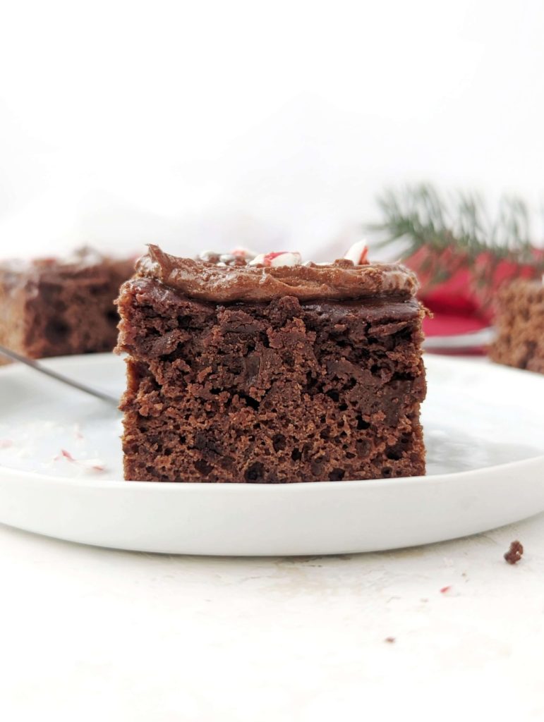 A rich and festive Chocolate Peppermint Protein Cake topped with a chocolate protein frosting! This healthy chocolate peppermint cake uses cocoa powder and protein powder and has no eggs, butter or oil either!